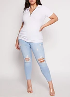 Womens Plus Size Ruched Half Zip Polo Shirt, White, Size 2X