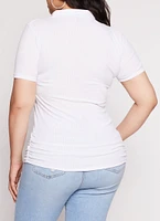 Womens Plus Size Ruched Half Zip Polo Shirt, White, Size 2X