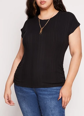 Womens Plus Size Ribbed Short Sleeve Top with Necklace, Black, Size 3X