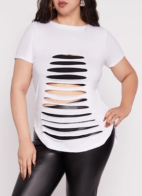 Womens Plus Size Slashed High Low Tee, White, Size 2X