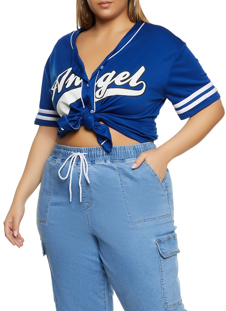 Womens Plus Size Angel Baseball Shirt, Blue, Size 2X