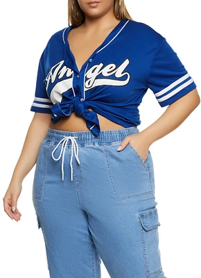 Womens Plus Size Angel Baseball Shirt, Blue, Size 2X