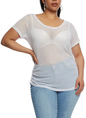 Womens Plus Size Mesh Ruched V Neck Top, White, Size 3X