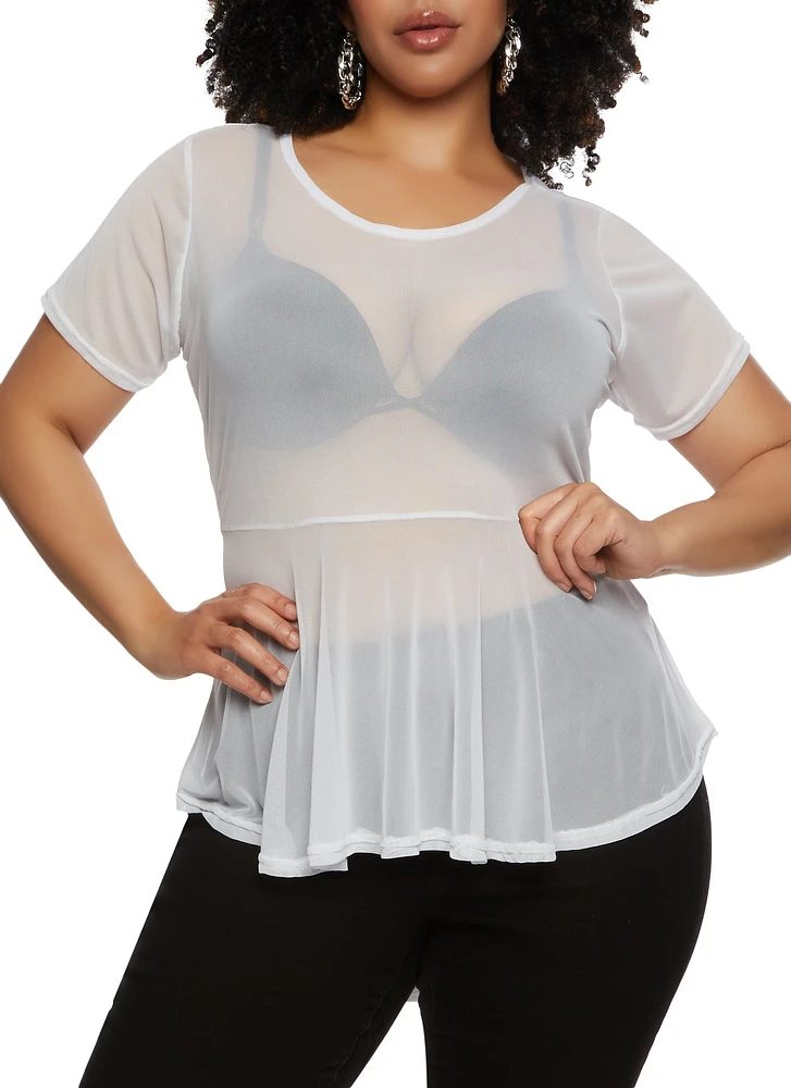 Womens Plus Size Sheer Mesh Short Sleeve Peplum Top, White, Size 1X