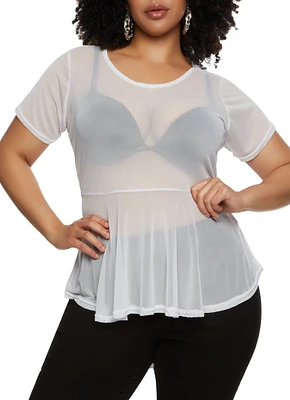 Womens Plus Size Sheer Mesh Short Sleeve Peplum Top, White, Size 1X