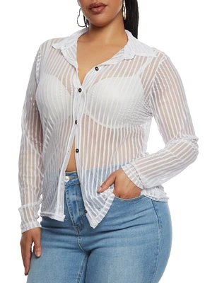 Womens Plus Size Mesh Shadow Striped Shirt, White, Size 2X