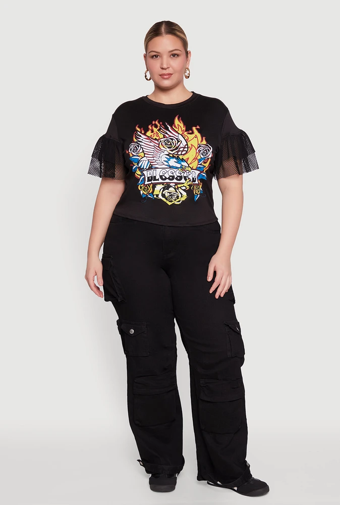 Womens Plus Fishnet Sleeve Blessed Eagle Graphic Tee, Black,