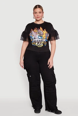 Womens Plus Fishnet Sleeve Blessed Eagle Graphic Tee, Black,