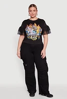 Womens Plus Fishnet Sleeve Blessed Eagle Graphic Tee, Black,