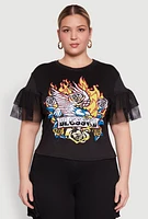 Womens Plus Fishnet Sleeve Blessed Eagle Graphic Tee, Black,