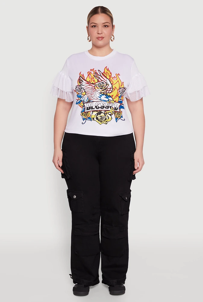 Womens Plus Size Fishnet Sleeve Blessed Eagle Graphic Tee, White, Size 3X