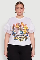 Womens Plus Size Fishnet Sleeve Blessed Eagle Graphic Tee, White, Size 3X