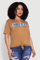 Womens Plus Size Hustler Graphic Short Sleeve Knot Front Tee, Brown, Size 2X
