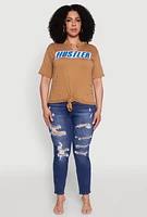 Womens Plus Size Hustler Graphic Short Sleeve Knot Front Tee, Brown, Size 2X