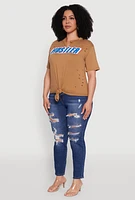 Womens Plus Size Hustler Graphic Short Sleeve Knot Front Tee, Brown, Size 2X