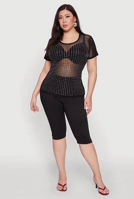 Womens Plus Size Mesh Rhinestone Studded T Shirt, Black, Size 2X