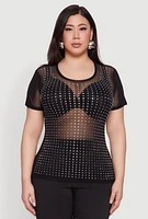 Womens Plus Size Mesh Rhinestone Studded T Shirt, Black, Size 2X