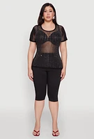 Womens Plus Size Mesh Rhinestone Studded T Shirt, Black, Size 2X