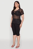 Womens Plus Size Mesh Rhinestone Studded T Shirt, Black, Size 2X