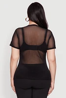 Womens Plus Size Mesh Rhinestone Studded T Shirt, Black, Size 2X