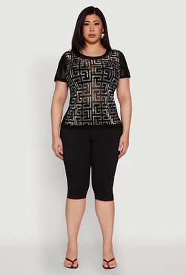 Womens Plus Mesh Rhinestone Greek Key Top,