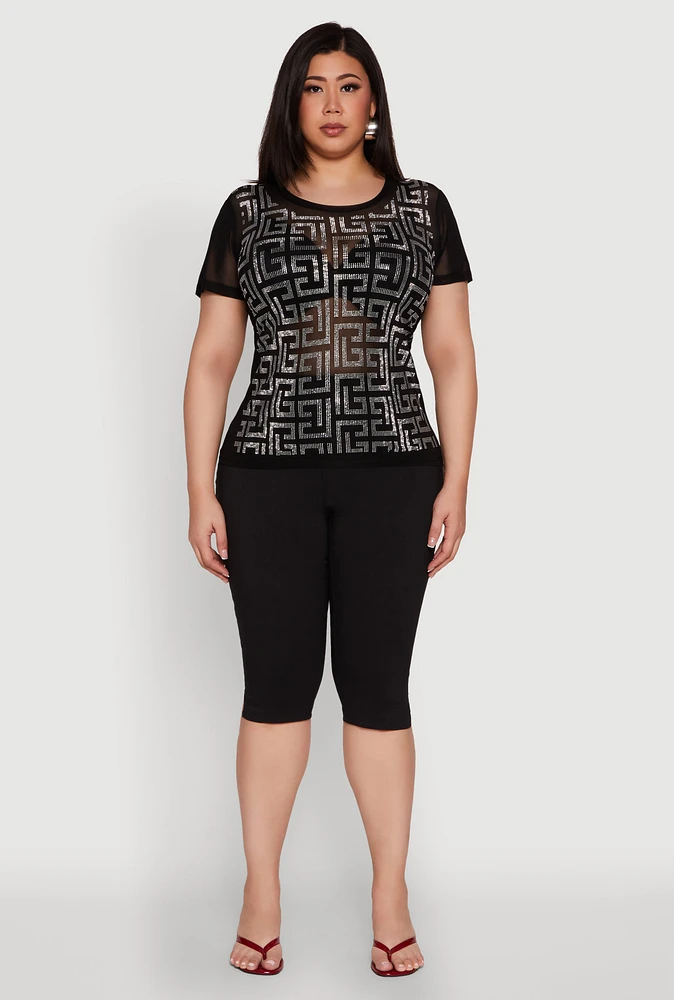 Womens Plus Size Mesh Rhinestone Greek Key Top, Black, Size 3X