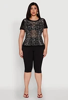 Womens Plus Size Mesh Rhinestone Greek Key Top, Black, Size 3X
