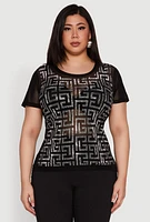 Womens Plus Size Mesh Rhinestone Greek Key Top, Black, Size 3X