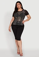 Womens Plus Size Mesh Rhinestone Greek Key Top, Black, Size 3X
