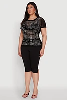 Womens Plus Size Mesh Rhinestone Greek Key Top, Black, Size 3X