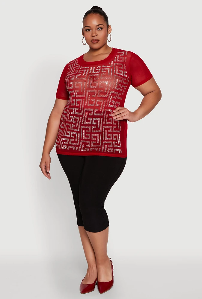 Womens Plus Mesh Rhinestone Greek Key Top, Red,