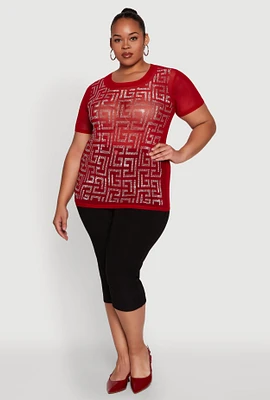 Womens Plus Mesh Rhinestone Greek Key Top, Red,