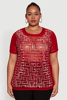 Womens Plus Mesh Rhinestone Greek Key Top, Red,