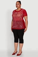 Womens Plus Mesh Rhinestone Greek Key Top, Red,