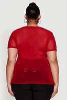 Womens Plus Mesh Rhinestone Greek Key Top, Red,