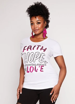 Womens Plus Size Faith Hope Love Sequin Graphic Tee, White, Size 1X