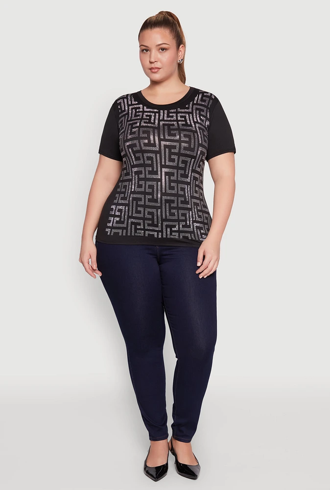 Womens Plus Soft Knit Greek Key Rhinestone T Shirt,