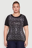 Womens Plus Soft Knit Greek Key Rhinestone T Shirt,