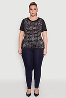 Womens Plus Soft Knit Greek Key Rhinestone T Shirt,