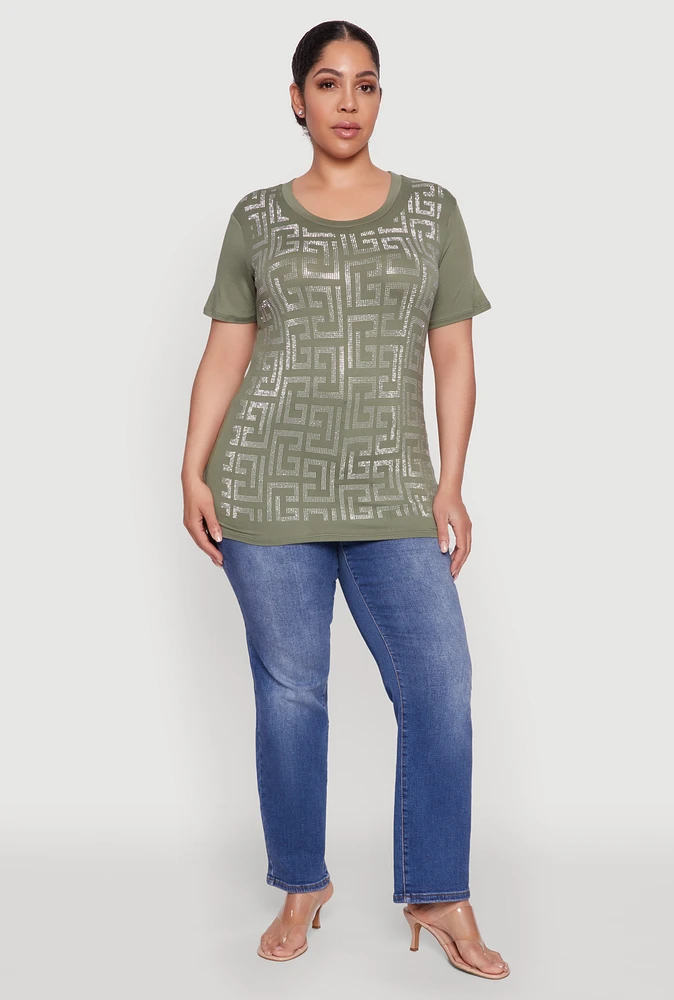 Womens Plus Size Soft Knit Greek Key Rhinestone T Shirt, Green, Size 2X