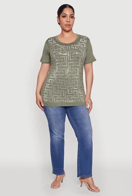 Womens Plus Size Soft Knit Greek Key Rhinestone T Shirt, Green, Size 2X