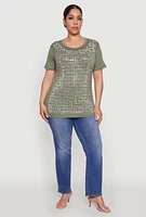 Womens Plus Size Soft Knit Greek Key Rhinestone T Shirt, Green, Size 2X