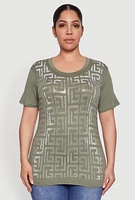 Womens Plus Size Soft Knit Greek Key Rhinestone T Shirt, Green, Size 2X