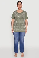 Womens Plus Size Soft Knit Greek Key Rhinestone T Shirt, Green, Size 2X
