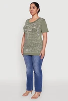 Womens Plus Size Soft Knit Greek Key Rhinestone T Shirt, Green, Size 2X