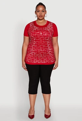 Womens Plus Soft Knit Greek Key Rhinestone T Shirt, Red,