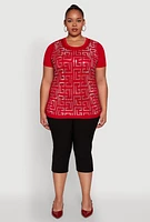 Womens Plus Soft Knit Greek Key Rhinestone T Shirt, Red,