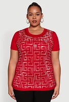Womens Plus Soft Knit Greek Key Rhinestone T Shirt, Red,