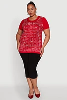 Womens Plus Soft Knit Greek Key Rhinestone T Shirt, Red,