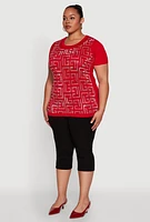 Womens Plus Soft Knit Greek Key Rhinestone T Shirt, Red,
